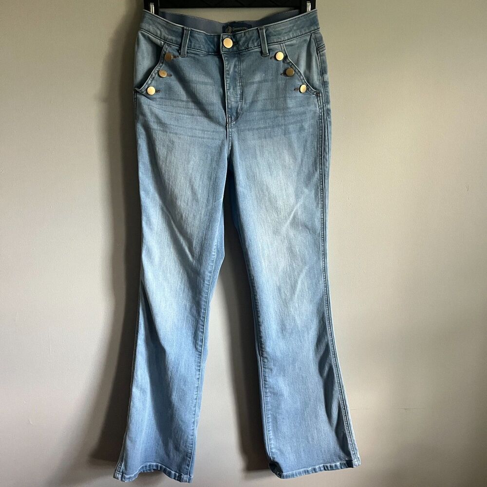 Democracy "Ab"Solution Skyrise Long Flare Jeans Powder Blue Sz 10 Button Pocket